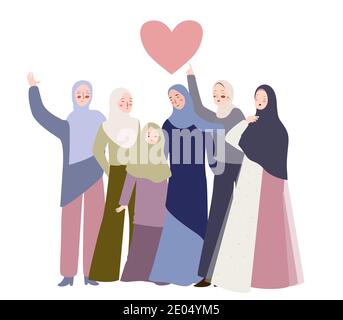 collection de jeux de femmes musulmanes portant le hijab debout sous coeur amour avec style plat Illustration de Vecteur