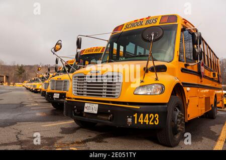 Bethesda, MD, États-Unis 12-21-2020: Gros plan de mise au point sélective vue frontale d'une flotte d'autobus scolaire sur un parking. Ce sont des Thomas Saf-T-Liner C2 veh jaunes Banque D'Images