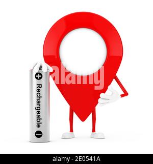 Mascotte de personnage de pointeur de carte avec batterie rechargeable sur fond blanc. Rendu 3d Banque D'Images