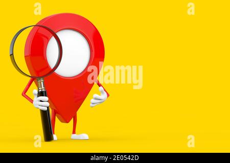 Pointeur de carte rouge personnage de la broche cible Mascot avec loupe sur fond jaune. Rendu 3d Banque D'Images