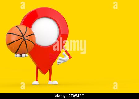 Carte pointeur broche personnage Mascot avec ballon de basket-ball sur fond jaune. Rendu 3d Banque D'Images