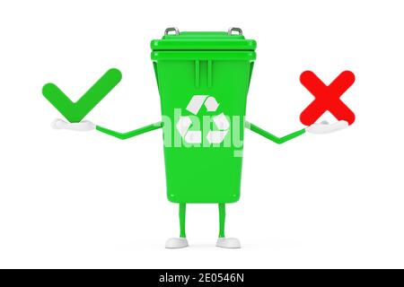 Affiche de recyclage Vert poubelle personnage Mascot avec croix rouge et coche verte, confirmer ou refuser, icône Oui ou non signe sur fond blanc. Banque D'Images