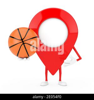 Mascotte de personnage de pointeur de carte avec ballon de basket-ball sur fond blanc. Rendu 3d Banque D'Images