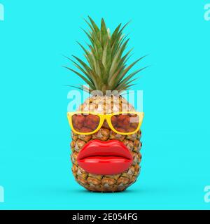 Amusant dessin animé mode Hipster Cut Pineapple personnage avec des lunettes de soleil jaunes et de grandes lèvres rouges sur un fond bleu. Rendu 3d Banque D'Images