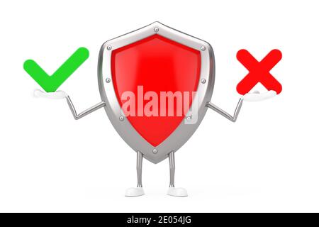 Mascotte de personnage Red Metal protection Shield avec croix rouge et coche verte, confirmer ou refuser, icône Oui ou non signe sur fond blanc. 3d Rende Banque D'Images