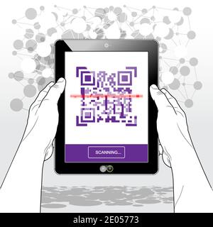 Un Tablet PC présentant le processus de numérisation d'une étiquette de code QR. Illustration de Vecteur