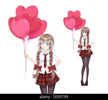 Anime manga fille dans une jupe rouge et blouse blanche sont tenant des ballons en forme de coeur. Illustration vectorielle Illustration de Vecteur