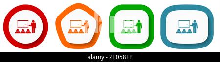 Icônes vectorielles de séminaire, de présentation et d'entraînement, jeu de boutons de forme pentagone, carrés, ovales et circulaires Illustration de Vecteur