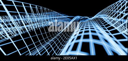 Structure filaire abstraite moderne, arrière-plan de grille virtuelle, concept de science ou de données, visualisation des ondes, rendu 3D cgi Banque D'Images