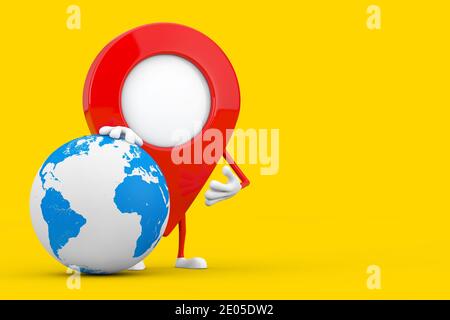 Mascotte de la tige du pointeur de carte avec Earth Globe sur fond jaune. Rendu 3d Banque D'Images