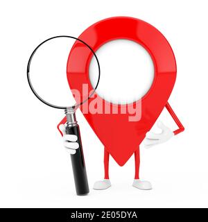 Pointeur de carte rouge personnage de la broche cible Mascot avec loupe sur fond blanc. Rendu 3d Banque D'Images