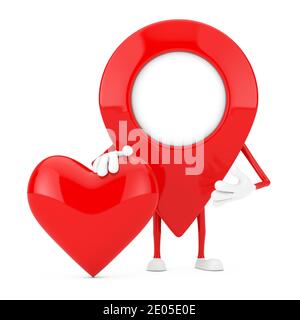 Mascotte de pointeur de carte avec coeur rouge sur fond blanc. Rendu 3d Banque D'Images