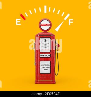 Panneau de jauge du tableau de bord indiquant un réservoir plein avec station de pompe à gaz rétro rouge sur fond jaune. Rendu 3d Banque D'Images