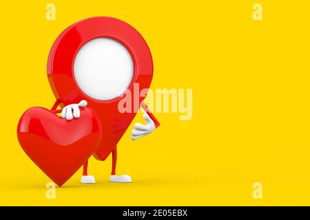 Mascotte de pointeur de carte avec coeur rouge sur fond jaune. Rendu 3d Banque D'Images