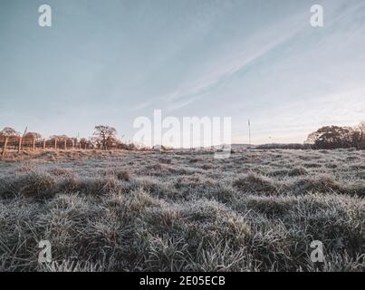 Un champ de brume gelé au lever du soleil. Les couches de brume se déposent sur le sol inférieur à travers une vue classique de la campagne britannique au lever du soleil en hiver. Banque D'Images