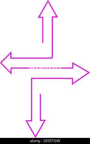 Quatre flèches roses pointant dans quatre directions différentes reliées par une ligne. Banque D'Images