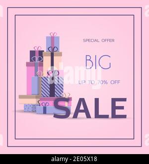 Soldes du printemps. Bannière pour les réductions pour Pâques, le 8 mars ou la fête des mères. Jolie illustration vectorielle avec cadeaux, fleurs et lettres. Design plat dans des tons violets et roses mignons pour la publicité, la bannière, le site Web ou la circulaire. Illustration de Vecteur