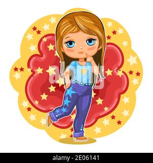 Jolie petite fille en Jean avec étoiles. Joyeux enfant drôle de bonne humeur. L'objet isolé sur un fond blanc. Bébé en vêtements de plage. Dessin animé Banque D'Images