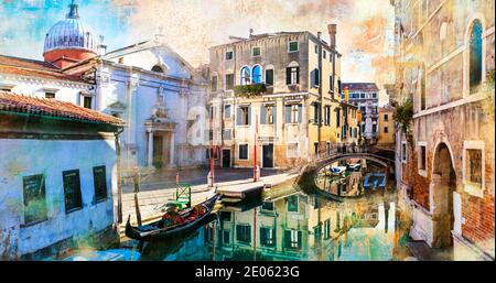 Rue vénitienne et canaux. Image artistique dans un style rétro. Venise, Italie Banque D'Images