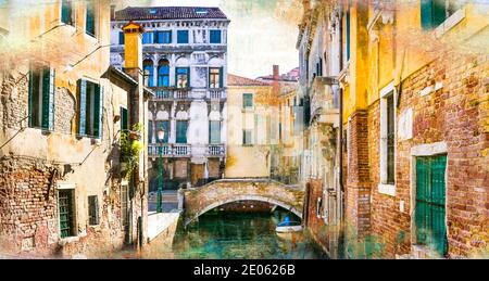 Rue vénitienne et canaux. Photo artistique dans le style de la peinture Venise, Italie Banque D'Images
