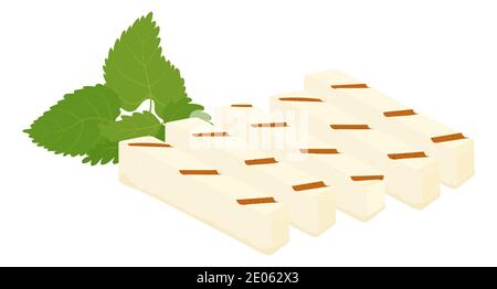 Halloumi au fromage grillé et icône de dessin animé à la menthe. Illustration vectorielle de la nourriture chypriote traditionnelle isolée sur blanc. Haloumi en tranches de pièce rectangulaire Illustration de Vecteur