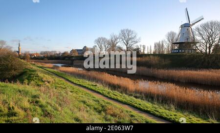 La campagne colorée entourant Veere, Zeeland, pays-Bas, avec le Stadhuis (hôtel de ville) en arrière-plan et un moulin à vent traditionnel Banque D'Images