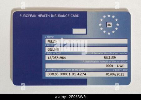 Carte EHIC, European Health Insurance Card, Royaume-Uni Banque D'Images