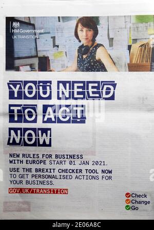 « YOU NEED TO ACT NOW », annonce de journal du gouvernement britannique 2020 « New Rules for Business with Europe Start 01 Jan 2021 » Outil de vérification du Brexit transition Londres Banque D'Images