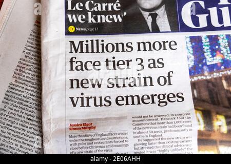 Titre du journal de la première page du tuteur 'plus de visages de niveau 3 Alors que la nouvelle souche de virus émerge de Londres Angleterre UK 14 Décembre 2020 Banque D'Images