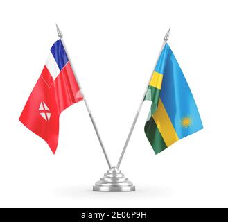 Rwanda et Wallis et Futuna drapeaux de table isolés sur blanc Rendu 3D d'arrière-plan Banque D'Images