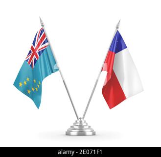 Chili et Tuvalu drapeaux de table isolés sur fond blanc 3D rendu Banque D'Images