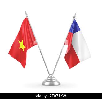 Drapeaux de table du Chili et du Vietnam isolés sur fond blanc 3D rendu Banque D'Images