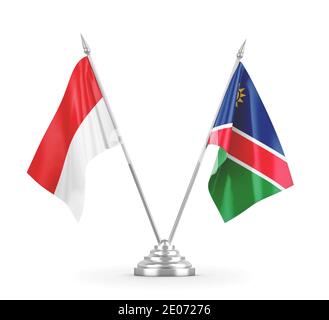 Drapeaux de table de Namibie et d'Indonésie isolés sur fond blanc 3D rendu Banque D'Images