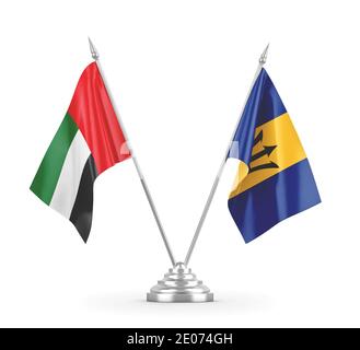 Drapeaux de table de la Barbade et des Émirats arabes Unis isolés sur du blanc Rendu 3D d'arrière-plan Banque D'Images