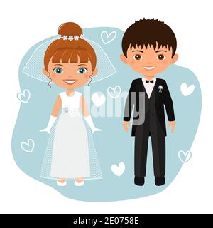 Couple de mariage. Adorables personnages chibi marié et mariée dans des robes de mariage. Style dessin animé plat. Illustration vectorielle Illustration de Vecteur