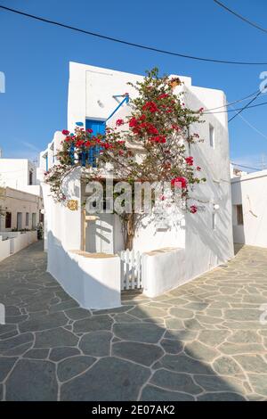 Chora, île de Folegandros, Grèce- 23 septembre 2020: Architecture grecque traditionnelle dans le centre de Chora. Bâtiment blanc avec porte et volet bleus Banque D'Images