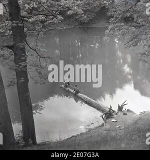 Années 1950, historique, deux jeunes garçons à l'extrémité d'un arbre tombé au milieu d'un lac, utilisant des branches coupées pour pêcher, Angleterre, Royaume-Uni. Banque D'Images