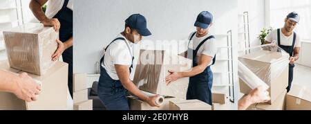 collage de movers multiethniques dans une boîte d'emballage de combinaison avec étirement film Banque D'Images