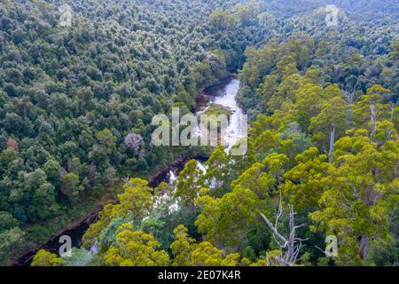 Vue aérienne de la rivière Arthur dans la forêt de Tarkine en Tasmanie, en Australie Banque D'Images