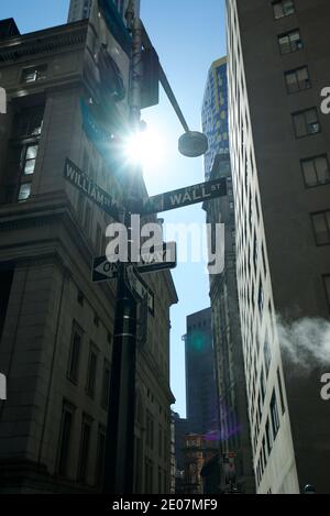 Panneau de rue pour Wall Street, dans le quartier financier de Lower Manhattan, à New York, États-Unis. Banque D'Images