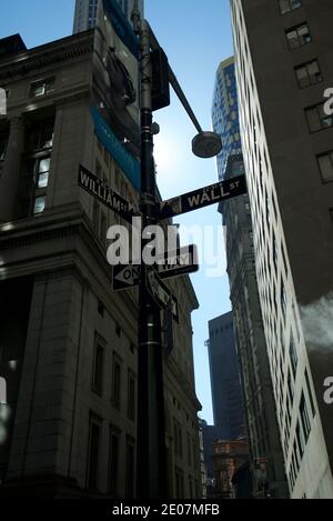 Panneau de rue pour Wall Street, dans le quartier financier de Lower Manhattan, à New York, États-Unis. Banque D'Images