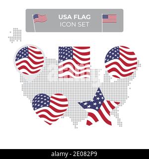 Icônes de drapeau américain en forme de carré, coeur, cercle, étoiles et pointeur, marqueur de carte. Carte en mosaïque des Etats-Unis. Drapeau américain agitant dans le vent. VEC PLAT US Illustration de Vecteur