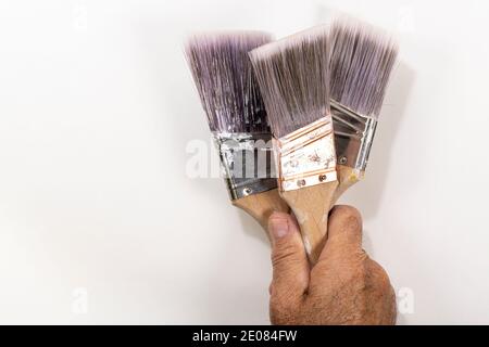 Peignez des pinceaux dans la main de l'artiste sur fond blanc Banque D'Images