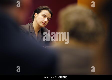 Parti Vert français Europe Ecologie les Verts (EELV) secrétaire nationale Cecile Duflot lors d'une rencontre avec le maire de Begles et membre du Parlement européen Noel Mamere, à Begles, dans le sud-ouest de la France, le 20 janvier 2012. Les dirigeants de l'EELV se réunissent pour préparer leur stratégie en faveur de la candidate à la présidence Eva Joly et des prochaines élections régionales. Photo de Patrick Bernard/ABACAPRESS.COM Banque D'Images