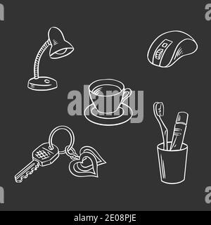 Ensemble tiré d'articles ménagers. Des touches, une tasse de café, une brosse à dents, une souris d'ordinateur et une lampe de table. Illustration vectorielle sur fond noir. Illustration de Vecteur