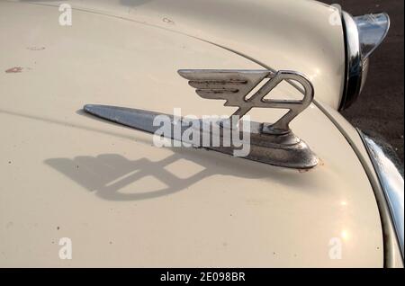 AJAXNETPHOTO. 2020. WORTHING, ANGLETERRE. - PETITE FAMILLE - BADGE EN ARGENT CHROMÉ « A » VOLANT SUR LE CAPOT DE LA VOITURE SALOON DE LA FAMILLE AUSTIN A30 4CYL FABRIQUÉE ENTRE 1952 ET 1956 CONÇUE PAR RICARDO BURZI GARÉE DANS LA RUE RÉSIDENTIELLE.PHOTO:JONATHAN EASTLAND/AJAX REF:GR202204 9852 Banque D'Images