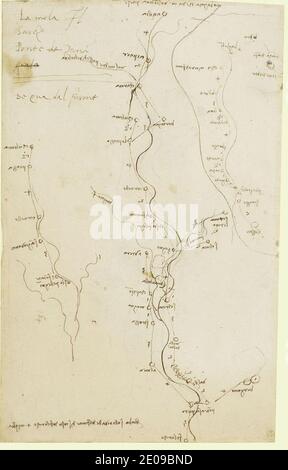 Leonardo da Vinci - Recto trois croquis du cours des rivières Brembana, Trompia et Sabbia, avec des villes et des distances marquées. Banque D'Images