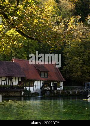 Moulin à colombages Blatopfhaus au printemps bleu turquoise d'eau douce Blatopf En Allemagne, Blaubeuren Baden-Wuerttemberg Banque D'Images