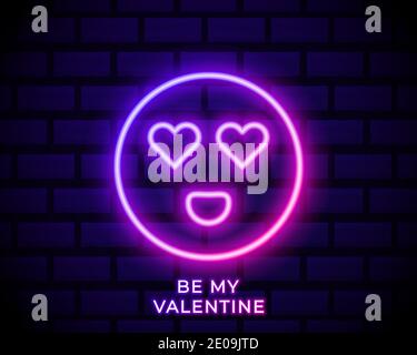 Illustration néon d'emoji dans l'amour. Icône vectorielle de dessin animé ému emoji avec les yeux de coeur et le sourire dans le style de néon de contour . Émoticône luminescent avec dos Illustration de Vecteur