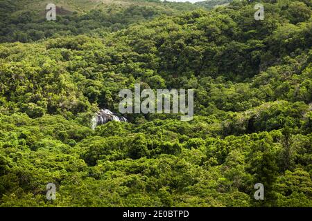 Vue lointaine de la chute d'eau de Ngardmau et du profond jngule de la forêt tropicale de montagne, Ngardau, île de Babeldaob, Palau, Micronésie, Océanie Banque D'Images